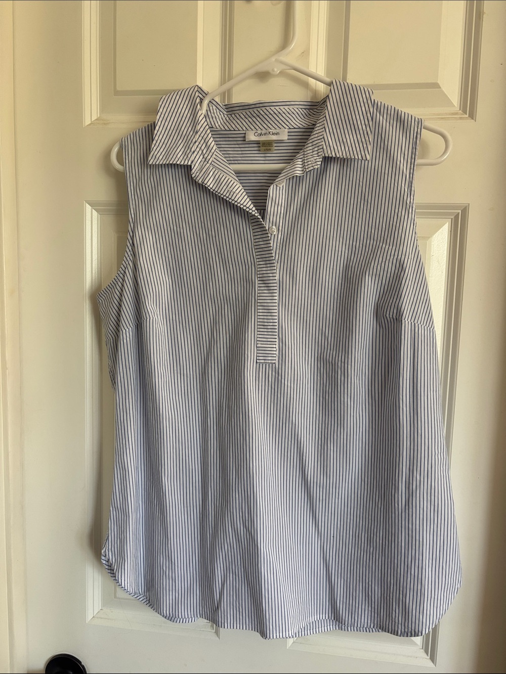Calvin Klein White Cami with Blue Pinstripes and Collar